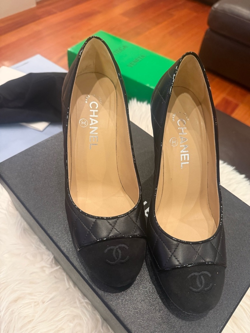 Chanel Black Quilted Cap-Toe Pumps SIZE 38